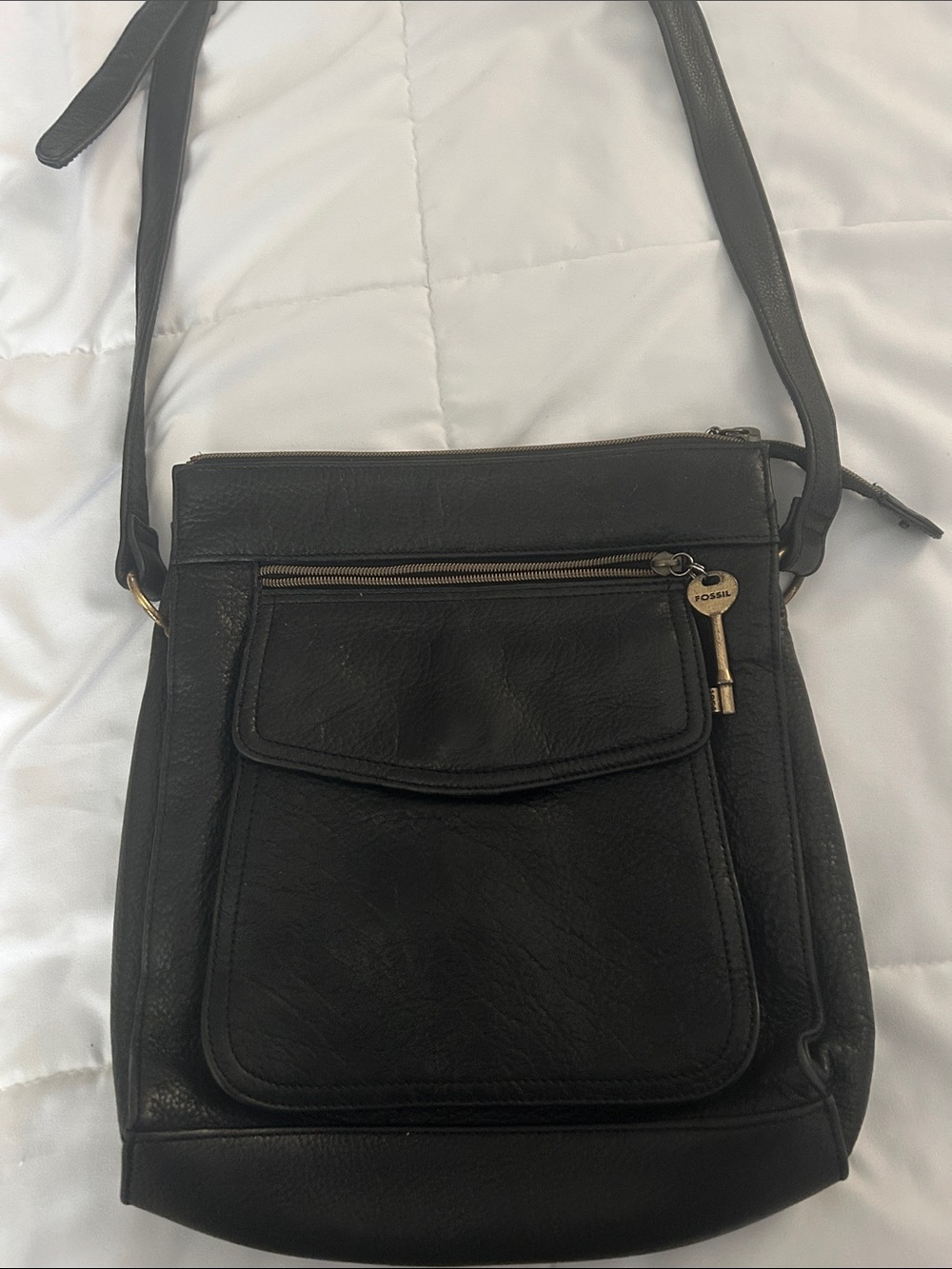 Fossil Black Leather Crossbody with Front Flap Pocket